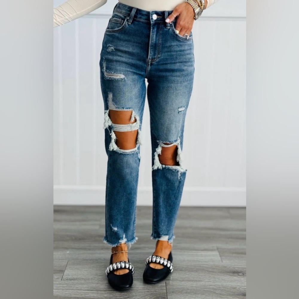 NWT - Risen - High-Waist Distressed Straight Leg Denim Jeans Woman's Size 1/25
